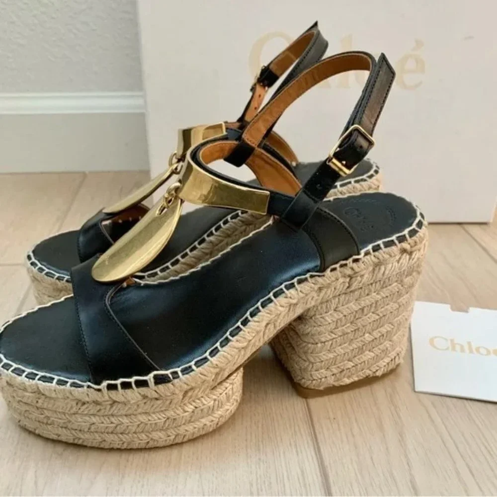 🌟 CHLOE Pema Black Leather Gold Medallion Espadrille Heeled Platform Sandals